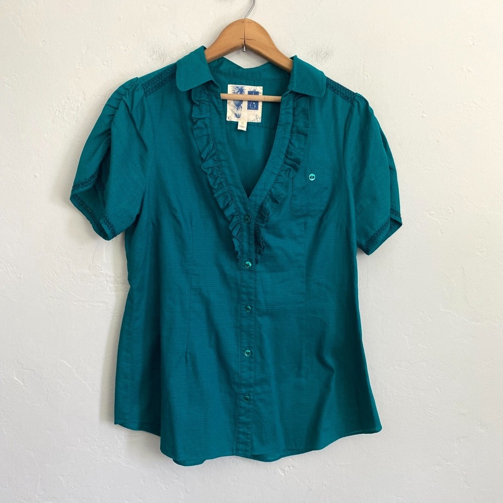 Anthropologie Edme and Esyllte Top Women Size 8 Emerald Green Button Down